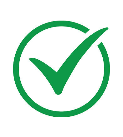 Green circle with green tick. Flat OK sticker icon. Green check mark icon. Tick symbol in green color