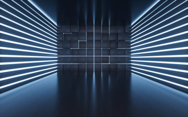 istock Glowing neon lines and randomly arranged cubes in the dark room, 3d rendering. 1416146646