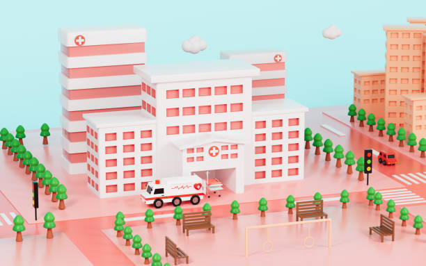 istock Hospital building and urban roads background, 3d rendering. 1416146652
