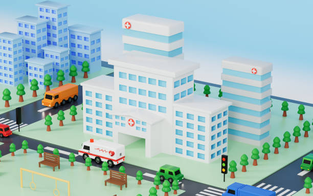 istock Hospital building and urban roads background, 3d rendering. 1416146653