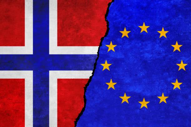 istock European Union and Norway flags on a wall with a crack 1416149689