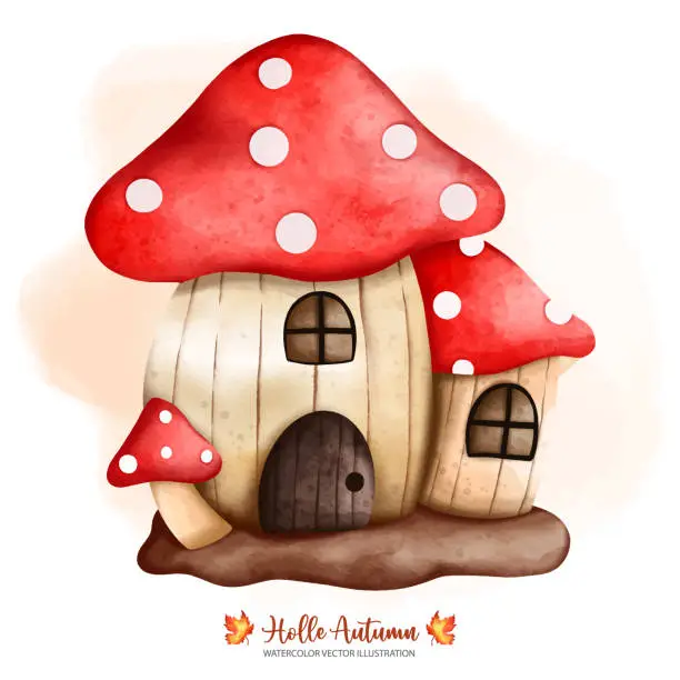 Vector illustration of Autumn Watercolor mushroom, Autumn or Fall Animal decor, Digital paint watercolor illustration