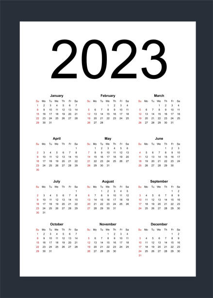 einfacher editierbarer vektorkalender für das jahr 2023. die woche beginnt am sonntag. - calendar february desk computer stock-grafiken, -clipart, -cartoons und -symbole