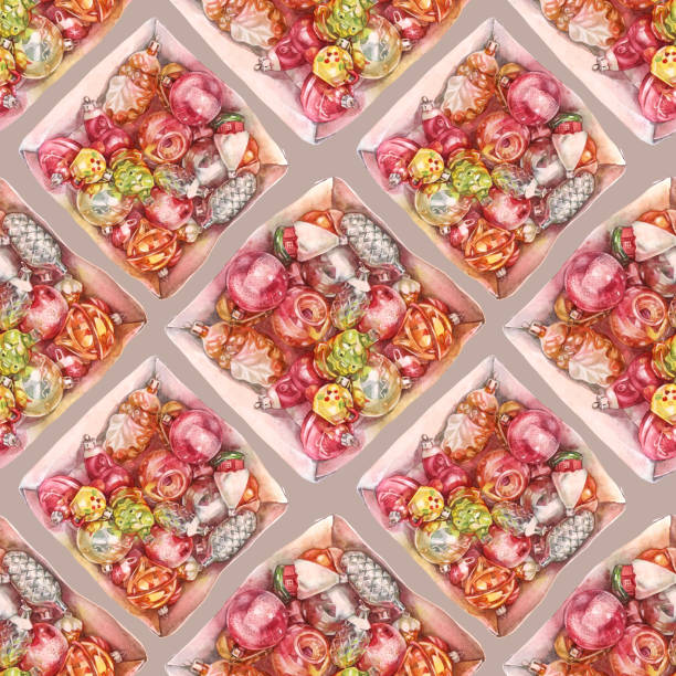 istock Seamless pattern watercolor box with Christmas toys on gray background. Hand-drawn celebration gift for New Year tree. Red green yellow golden silver balls. Art for card or wallpaper, wrapping 1416160437