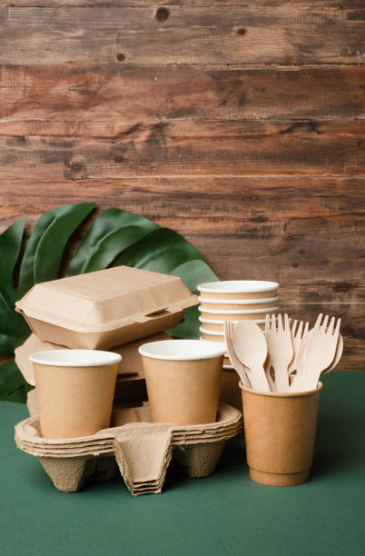 Eco friendly food ware,disposable cup ,food container, bamboo spoon fork on green table.sustainable stock photo