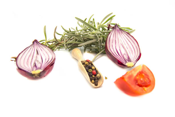 Fresh vegetables on white background - tomato, pepper, onion