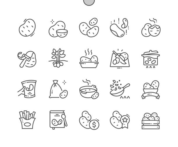 kartoffelgemüse. essen. kochen, rezepte und preis. kartoffelchips. speisekarte für café. pixel perfect vector thin line symbole. einfaches minimales piktogramm - kartoffeln stock-grafiken, -clipart, -cartoons und -symbole