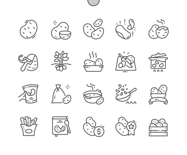 감자 야채. 음식. 요리, 조리법 및 가격. 감자칩. 카페 메뉴. 픽셀 완벽한 벡터 얇은 선 아이콘. 간단한 최소 픽토그램 - 감자 요리 stock illustrations