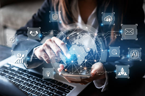 Businesswoman using smart devices for Digital technology connection and marketing, global internet network and AI Artificial intelligence concept stock photo