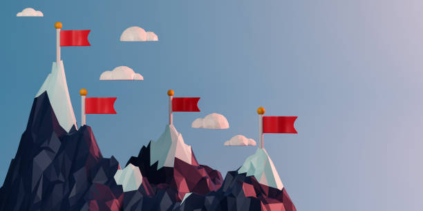 3d rendering concept life or business goal illustration. four red flags on top of snow mountain with copy  space for text or message.