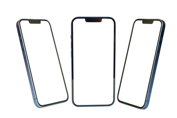 Front and side view of empty screen smartphone isolated on white background with clipping path, smartphone mock up for advertisement stock photo