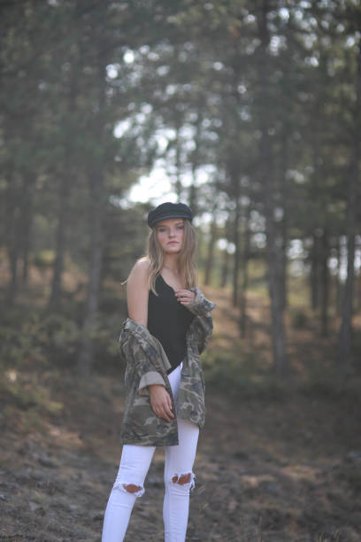 fashion shoot among pine trees