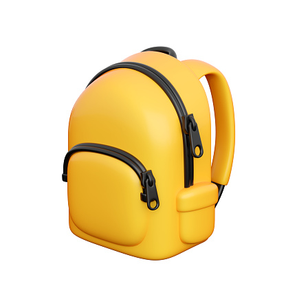 School yellow backpack in cartoon style. Concept of back to school, learning and education banners. 3d high quality isolated render