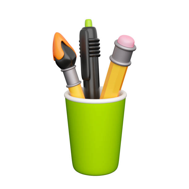 Desk organizer filled with vibrant colored pencils, brushes, and art supplies