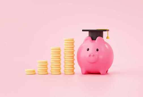 Piggy bank with Black Graduation Hat and coin growing interest Saving money for education web banner background 3D illustration