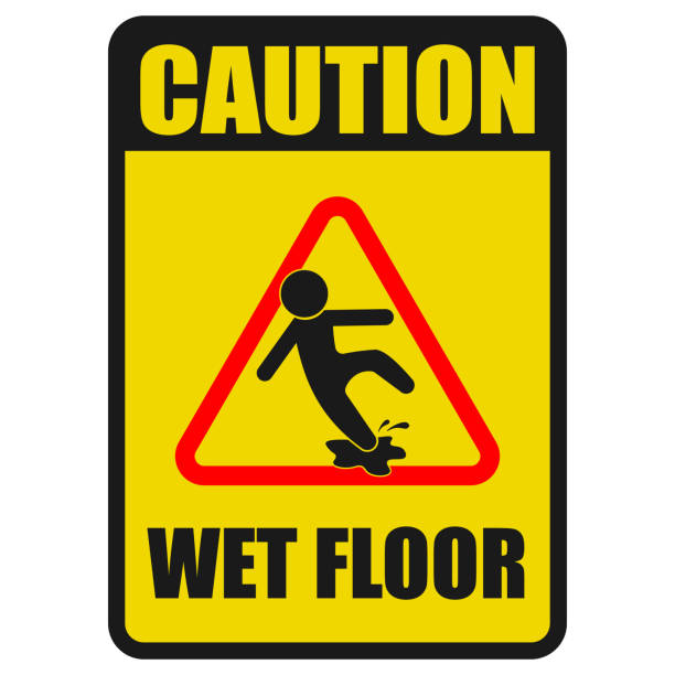istock Printable label sticker design wet Floor sign, red black triangle with falling man in modern rounded style. caution slippery surface Isolated vector illustration. 1416182401