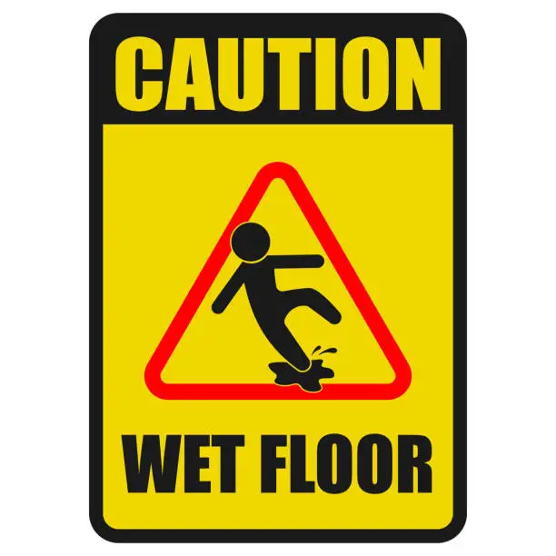 Vector illustration of Printable label sticker design wet Floor sign, red black triangle with falling man in modern rounded style. caution slippery surface Isolated vector illustration.