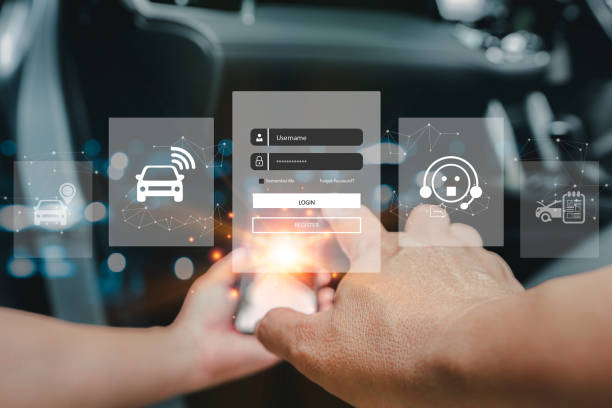 Car service and business on virtual screen concept, Hand a man use smartphone and log-in to the security system of the car, online find a car system with Real-time vehicle tracking technology servicio de automóvil y negocios en el concepto de pantalla virtual, hand a man use el teléfono inteligente e inicie sesión en el sistema de seguridad del automóvil, encuentre en línea un sistema de automóvil con tecnología de seguimiento de vehícu