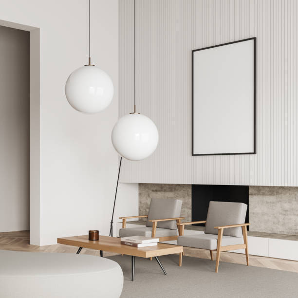 istock Light chill interior with two chairs and decoration, fireplace. Mockup frame 1416188729