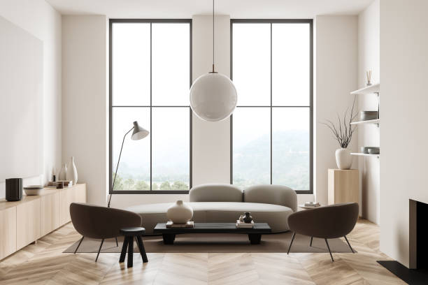 istock Bright living room interior with coffee table with sofa, armchair 1416188823