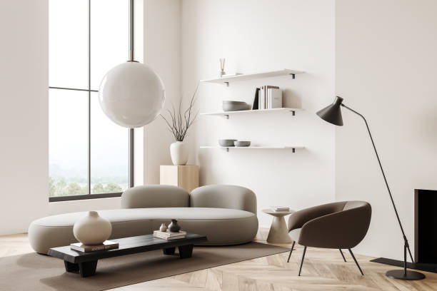 istock Light relax interior with couch and chair, shelf with decoration, panoramic window 1416190004