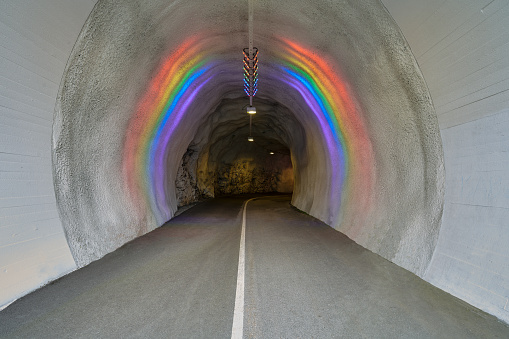 Norway, the village of Hardanger, tunnel illuminated by LGBT colors