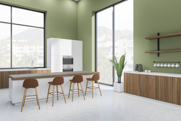 istock Light kitchen interior with island and seats, shelves and kitchenware, window 1416190209