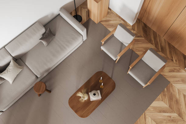 istock Top view of lounge zone interior with couch and chairs, coffee table 1416190323