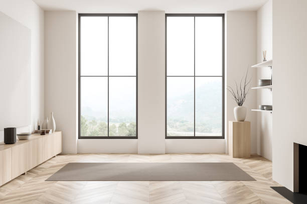 istock Light exhibition room interior with drawer, panoramic window and mockup frame 1416190431