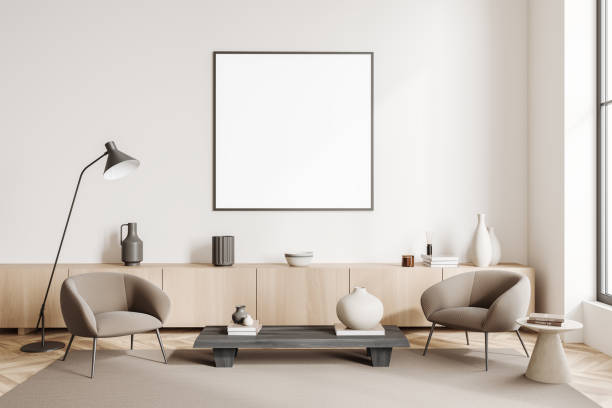 istock Lounge zone interior with chairs and decoration, drawer and mockup frame 1416193183