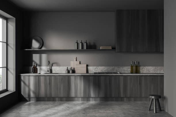 istock Grey kitchen interior with shelves and appliances, kitchenware and window 1416195269