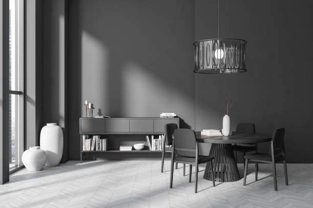 istock Front view on dark dining room interior with table, armchairs, 1416195283