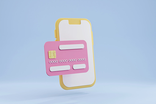 3D rendering, mobile smart phone with credit or debit card, financial and wireless technology concept, illustration