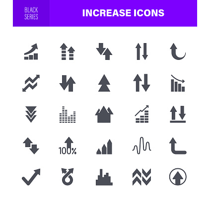 Increase Diagram Icon Set. Contains such icons as Decrease, Stock Market Data, Organizational Chart, Progress Report, Bar Graph,  Big Data