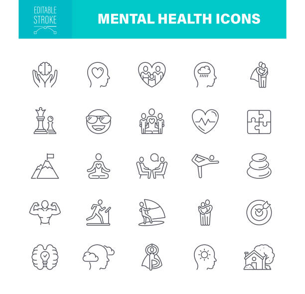 Mental Health Icons Editable Stroke Mental Health Icon Set. Editable stroke. The set contains icons as Support, Anxiety, Care, Depression, Emotional Stress, Healthcare, Medicine, Human Brain, Line Icon counseling stock illustrations