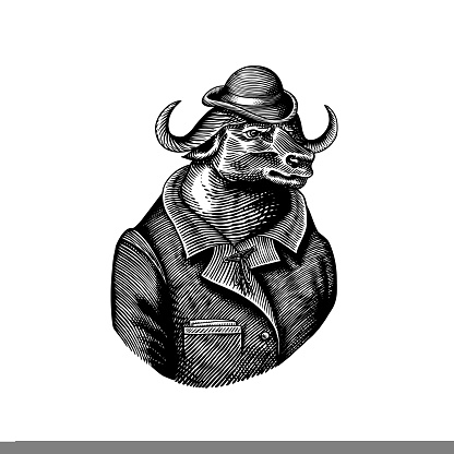 Buffalo Bull character in coat. Fashionable animal, vitorian gentleman. Hand drawn Engraved old monochrome sketch. Vector illustration for t-shirt, tattoo or badge or print. Vector illustration