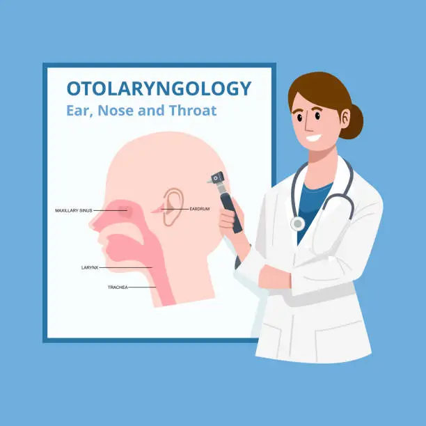 Vector illustration of Ear nose throat doctor. Otolaryngologist with medical instrument.