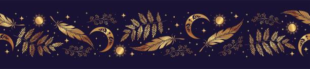 ilustrações de stock, clip art, desenhos animados e ícones de magic seamless vector border with feathers, moons, ferns and stars. gold decorative ornament. - voodoo