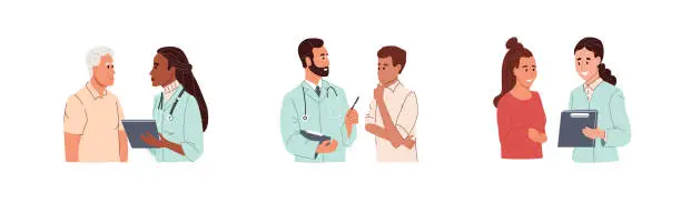 Vector illustration of Male and female doctors talking with patients, illustrations set