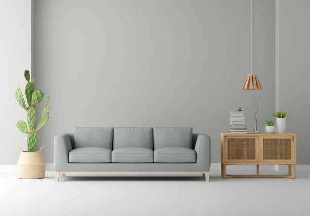 istock Gray sofa in living room with free space for mockup, 3D rendering 1416218137