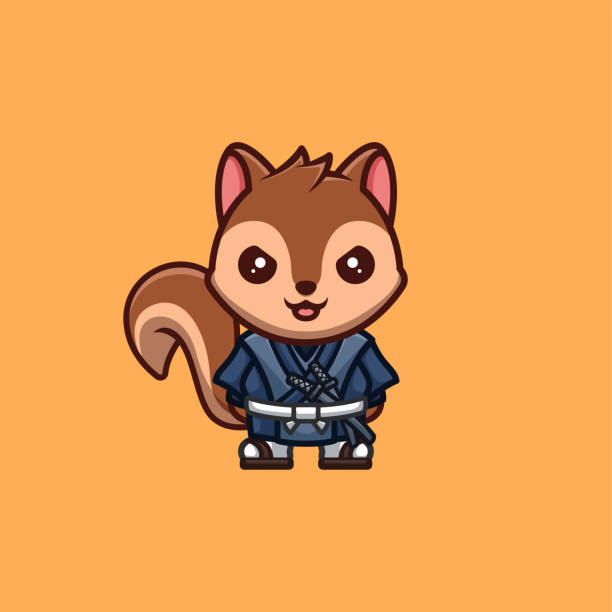 ilustrações, clipart, desenhos animados e ícones de squirrel samurai cute creative kawaii cartoon mascot logo - blade war traditional culture japanese culture