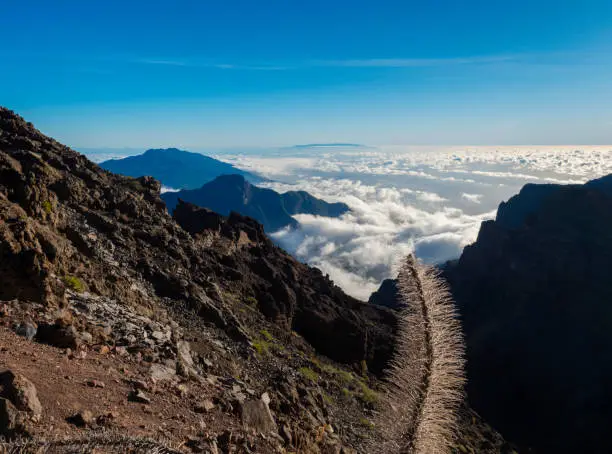 Landscape in the volcanic crater Caldera de Taburiente National Park seen from mountain peak of Roque de los Muchachos Viewpoint, island La Palma, Canary Islands, Spain.