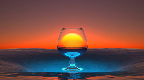 surreal seascape with glass and sunset. 3d rendering