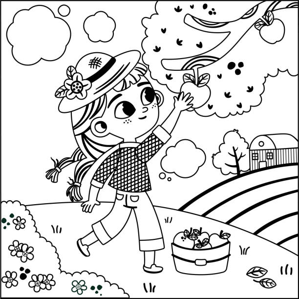 ilustraciones, imágenes clip art, dibujos animados e iconos de stock de actividad de pintura en blanco y negro para niños - niña y niño libro para colorear