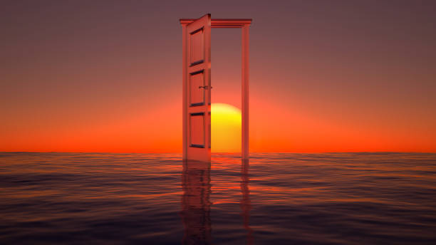 istock open ghost door to the sea at sunset 1416245404