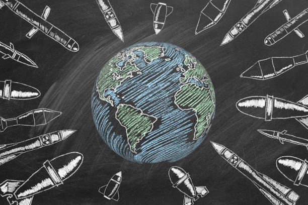 WW3. World War 3. WW3. World War 3 concept. A chalk drawn globe, bombs and cruise missiles. horror world stock pictures, royalty-free photos & images