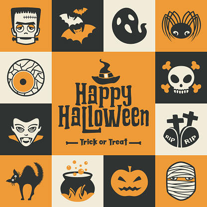 Halloween greeting card with related icons and symbols on a grid. Square format. Black and yellow colors.