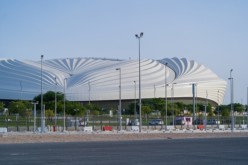 DOHA, QATAR - AUGUST 14, 2022: Al Janoub Stadium in Al Wakrah is the second among the eight stadiums for the 2022 FIFA World Cup in Qatar, after the renovation of Khalifa International Stadium.