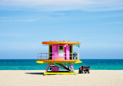 Brightly painted lifeguard station on South Beach Miami, Florida.
