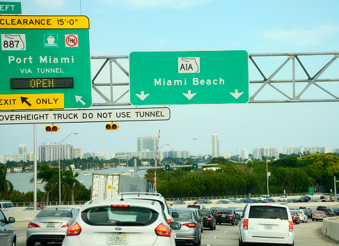 Traffic on MacArthur Cswy, Miami, Florida, USA.